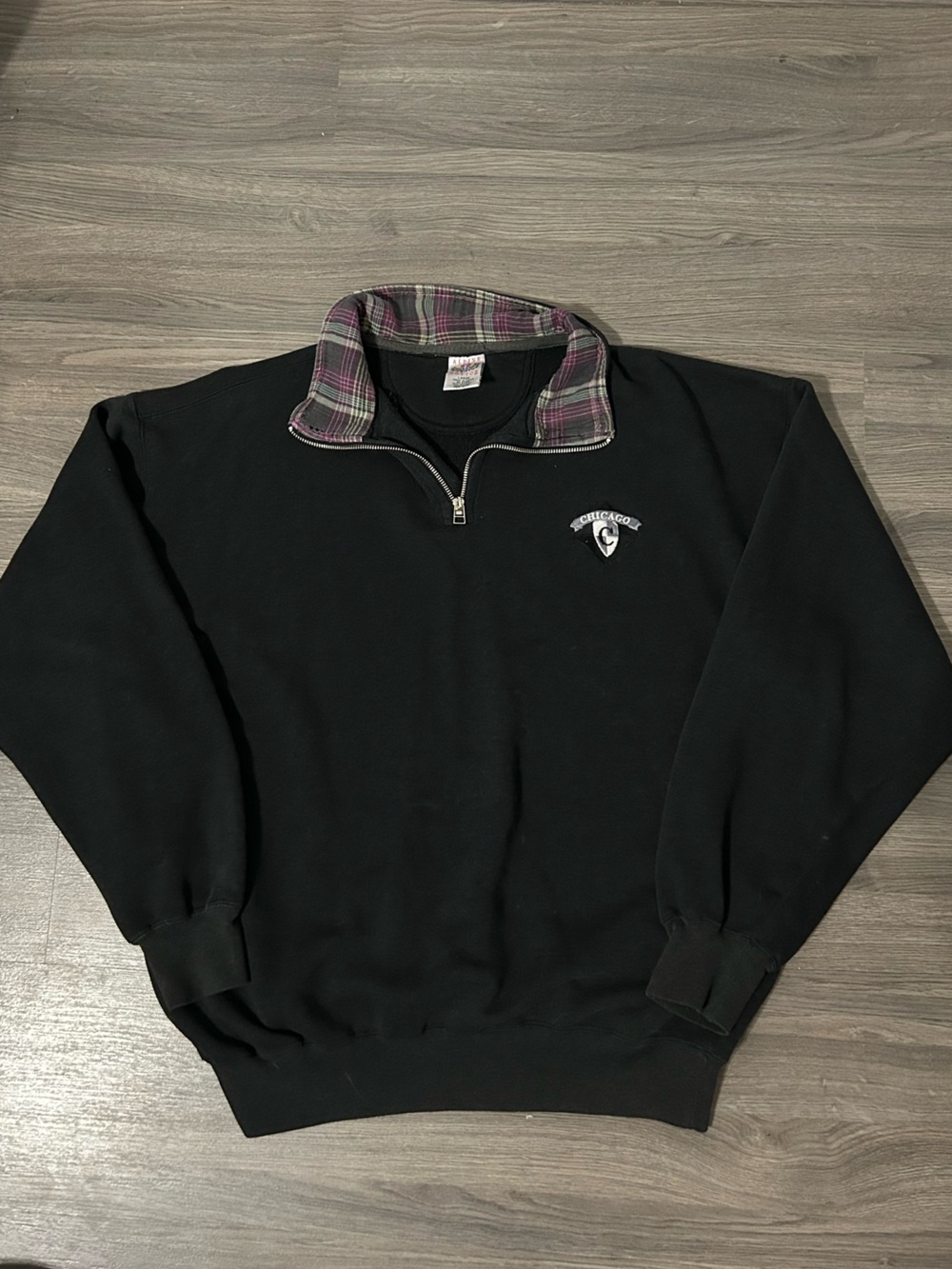 Black Quarter Zip Baggy Sweatshirt with Plaid Collar Oversized Fit Vintage Style